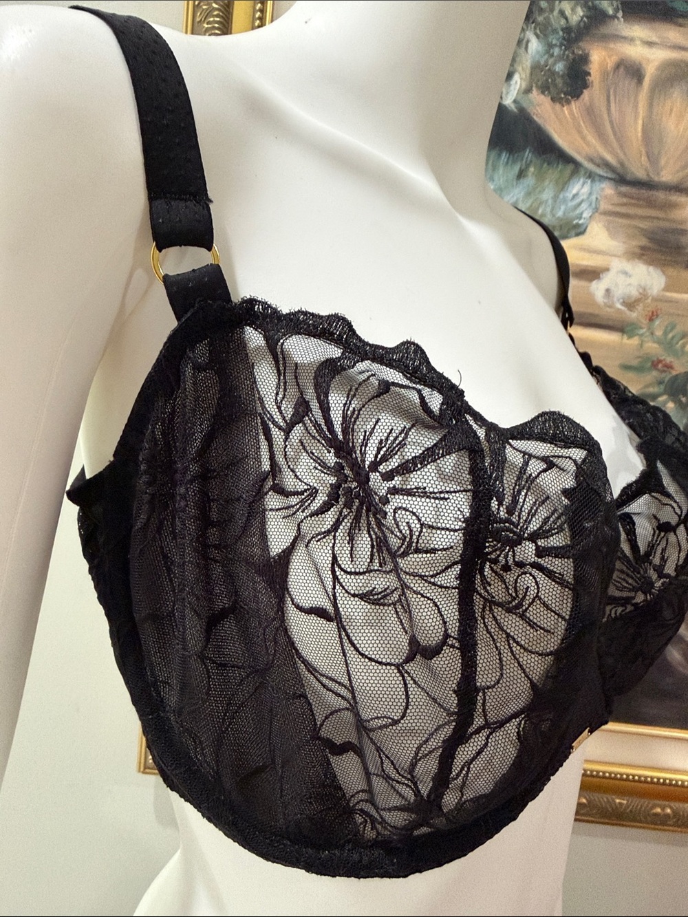 Chantelle Fleurs Unlined Demi Bra 36DDD Black Floral Sheer Underwire - Picture 5 of 15